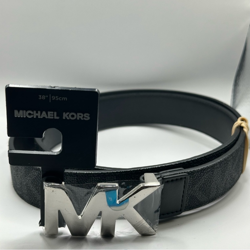 Michael Kors MK Mens 38 Belt Silver Buckle Monogram Logo With Racer Stripe Black